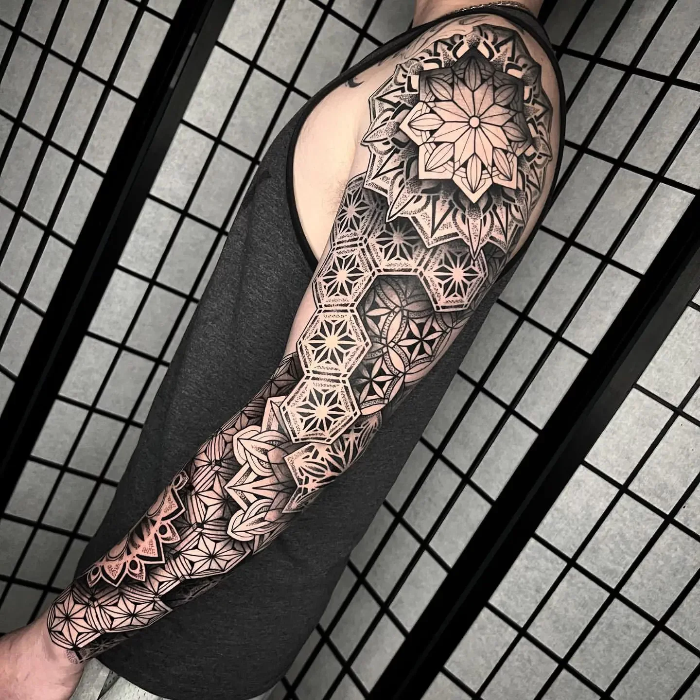 geometric sleeve by Quade Dahlstrom : Tattoos